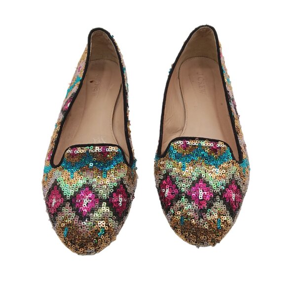 J. Crew Sequin Flats Womens 8 Multicolor Boho Southwestern Aztec Dress Loafers - Picture 2 of 5